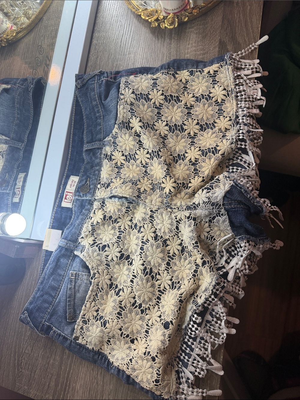 lei Blue Denim Jean Shorts with Cream Crochet Lace Trim